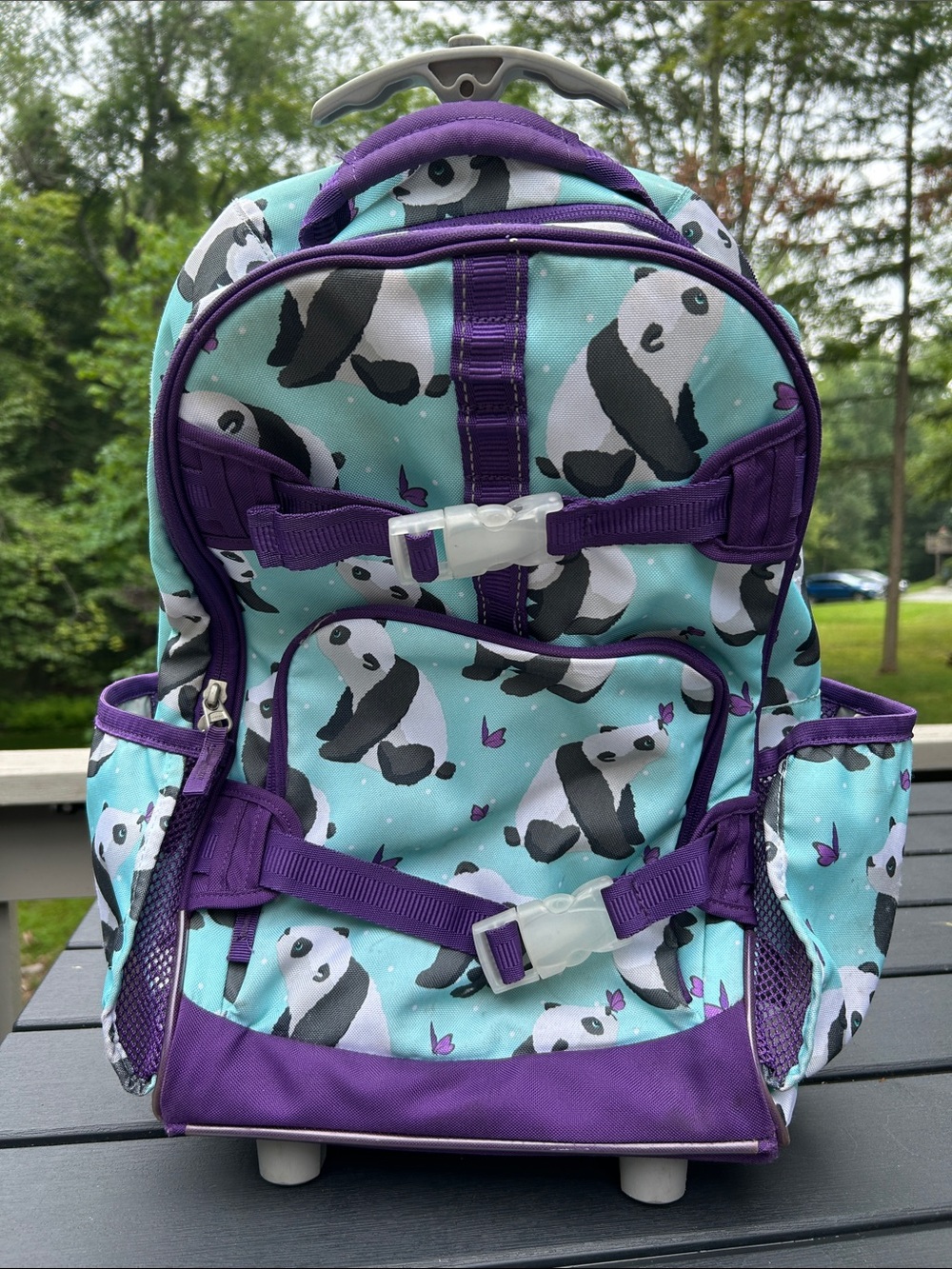 Pottery Barn Kids Panda Print Rolling Backpack - Purple & Teal